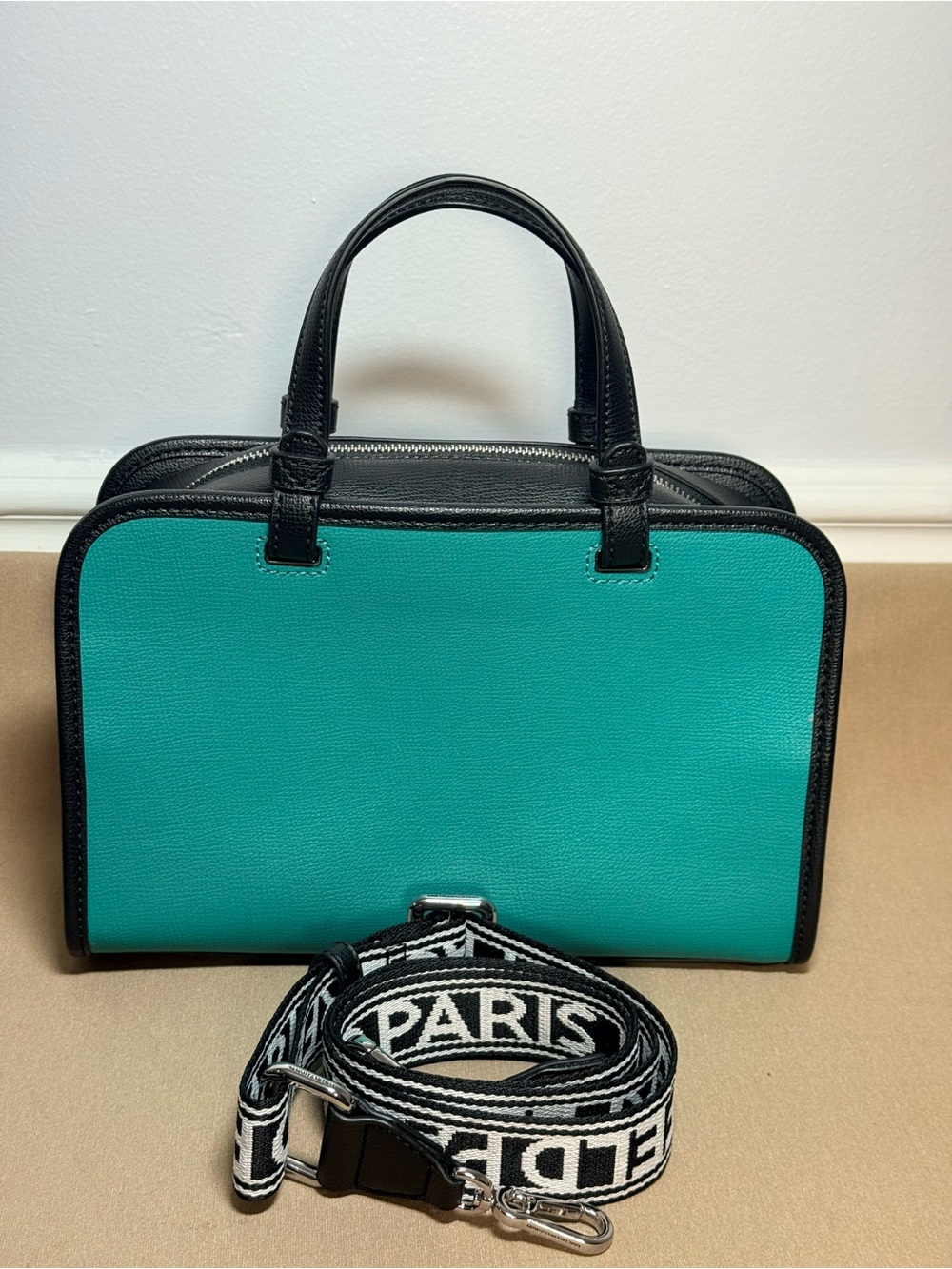 Karl Lagerfeld Black & Teal Logo Satchel Bag - Picture 2 of 9